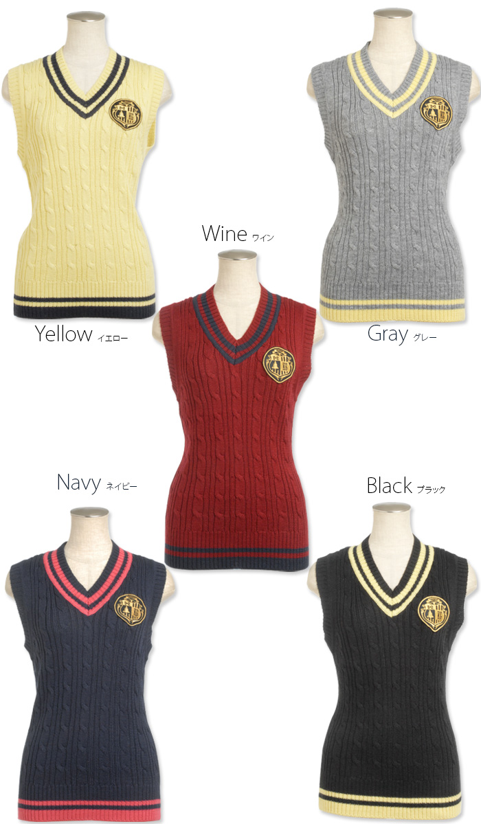 秋のゴルフに！！ワッペン付きケーブル編みレディスニットベスト