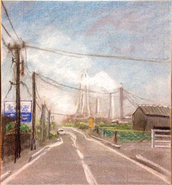 嵯峨 常功 | 土手沿いの桜並木 pastel on paper 25cm×25cm