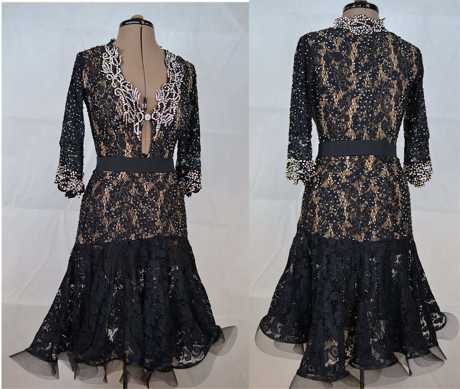 ストレッチレース使いの黒の七分袖のラテンドレス | Atelier Casablanca -ダンスドレスの部屋－ - 楽天ブログ