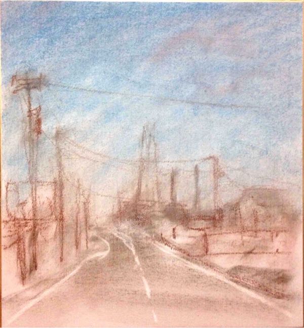 嵯峨 常功 | 土手沿いの桜並木 pastel on paper 25cm×25cm