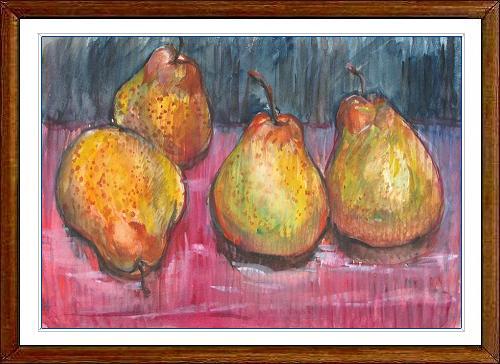 水彩で描いた静物画（ランプ、林檎、玉ねぎ、洋梨など）を紹介 