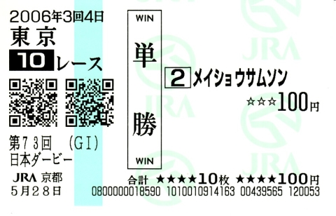 特別企画： 日本ダービーの記念単勝馬券（４） | 白い稲妻・多摩の黒酢 