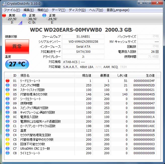 crystaldiskinfo リードエラー51 人気 スピンアップ時間21 大体代謝処理