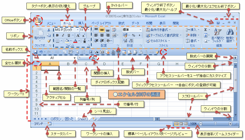 画面各部名称 Excel07 小鳥の呟き 楽天ブログ