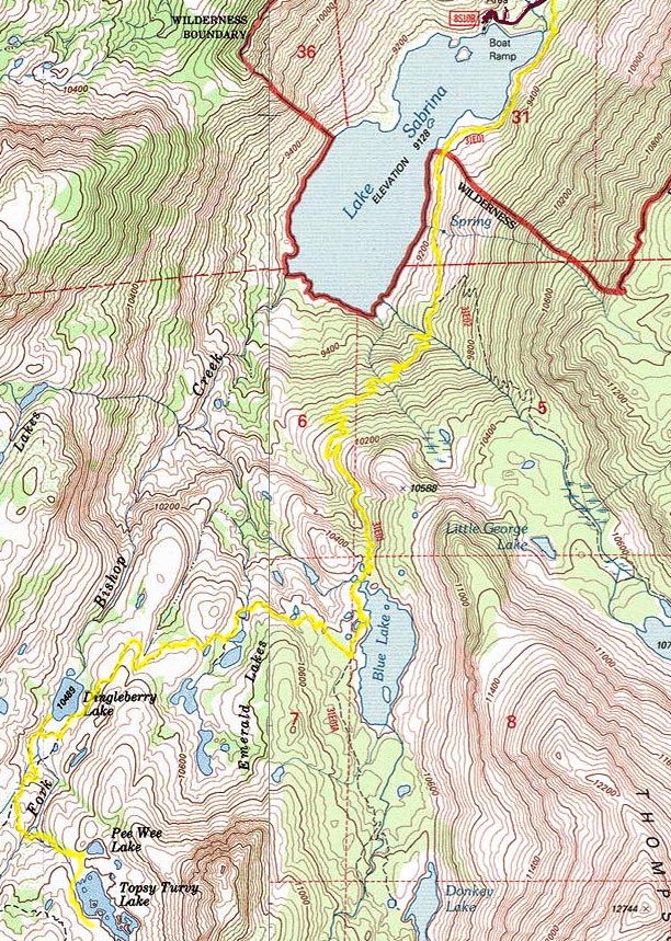 これまでに紹介してきたサブライナベースンのTopo地図です。 赤い線がジョン・ミューア・ウィルダネスの境界線。 黄色い線が歩いて来たトレイル