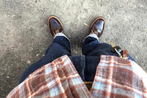 Mihara yasuhiro ガラスレザーキャップトゥ & CANTON OVERALLS Denim Pants 500-1060 & FOB FACTORY NEL WORK SHIRT F3191(BLUE).jpg