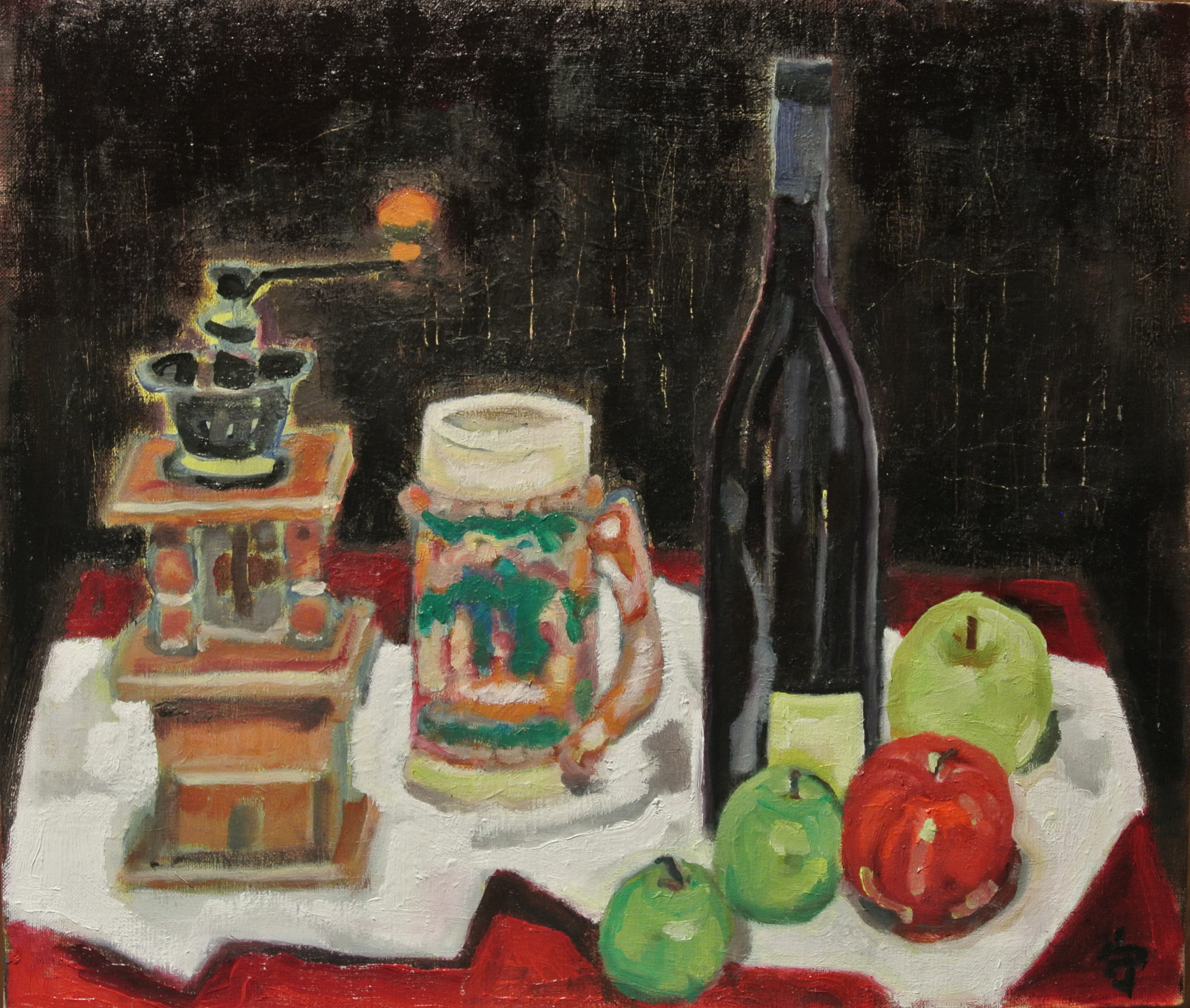 静物画 油彩 コーヒーグラインダーと花瓶