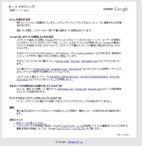 Google セーフブラウジング診断結果