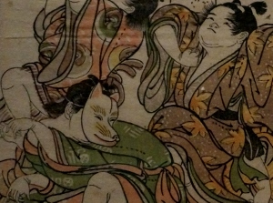 浮世絵、美人合十二月内月見月9月、葉月8月の二枚売り二枚繋がってます。三代豊国画 浮世絵、美人合十二月内月見月9月、葉月8月の二枚売り二枚繋がっ