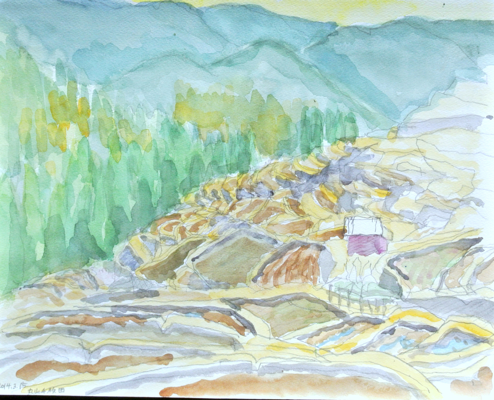 絵画「霧晴れて大山千枚田」　水彩画 絵画「霧晴れて大山千枚田」 水彩画