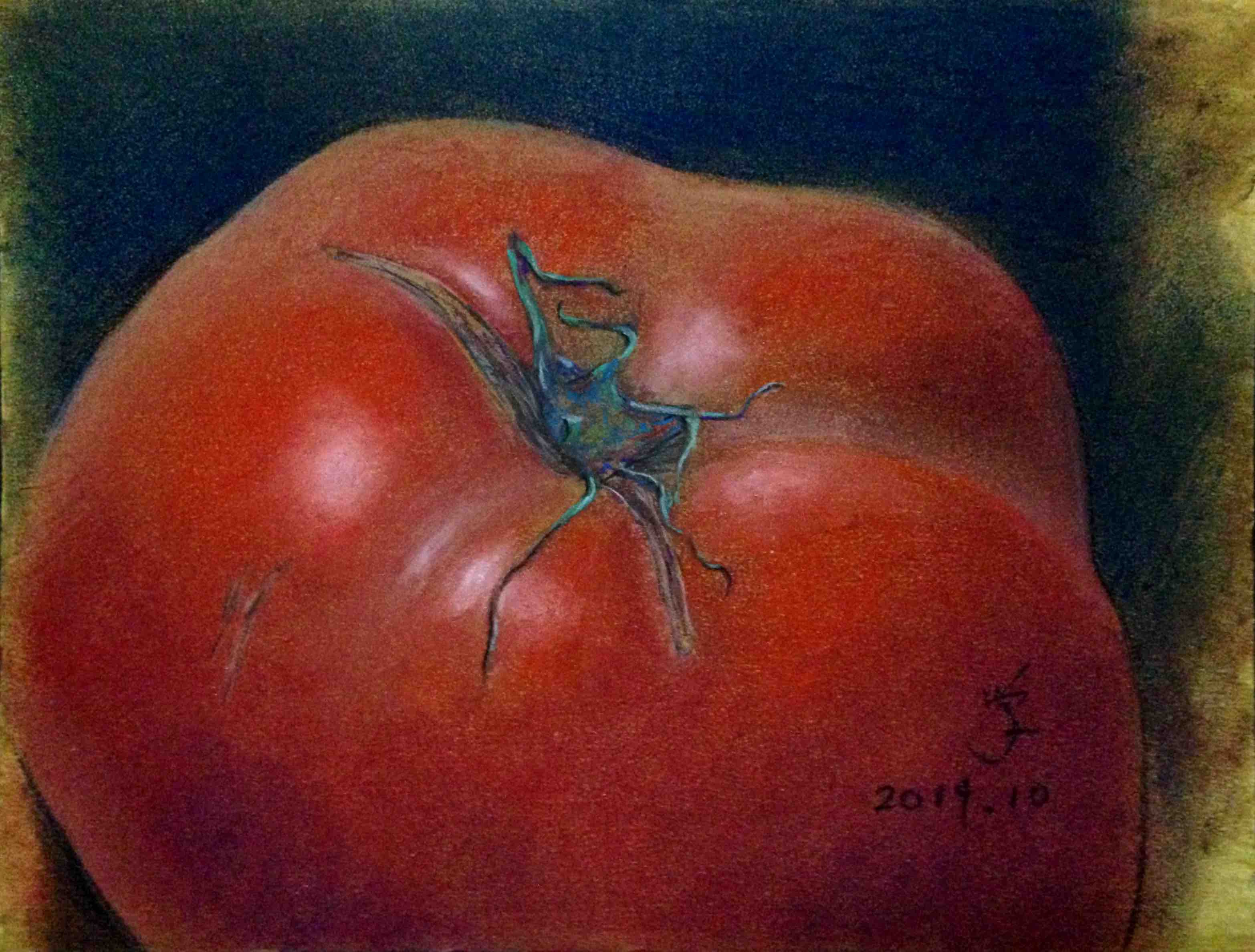 トマト 025」3回目 野菜をアップで描く パステル画の制作過程 水彩紙に