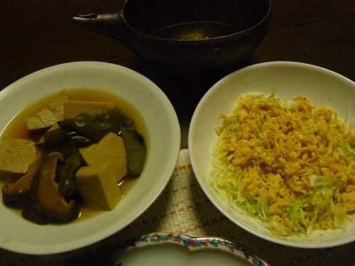 P1770599 (640x480)140818夕食　高野豆腐と椎茸、万願寺唐辛子の炊いたんと炒り卵とキャベツの和え物.jpg