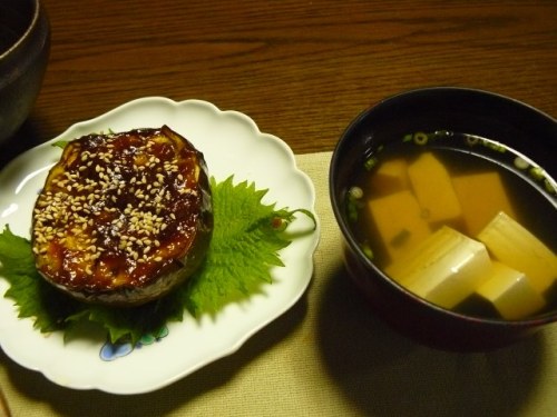 P1760988 (640x480)140721夕食　加茂茄子の味噌田楽と豆腐の澄まし汁.jpg