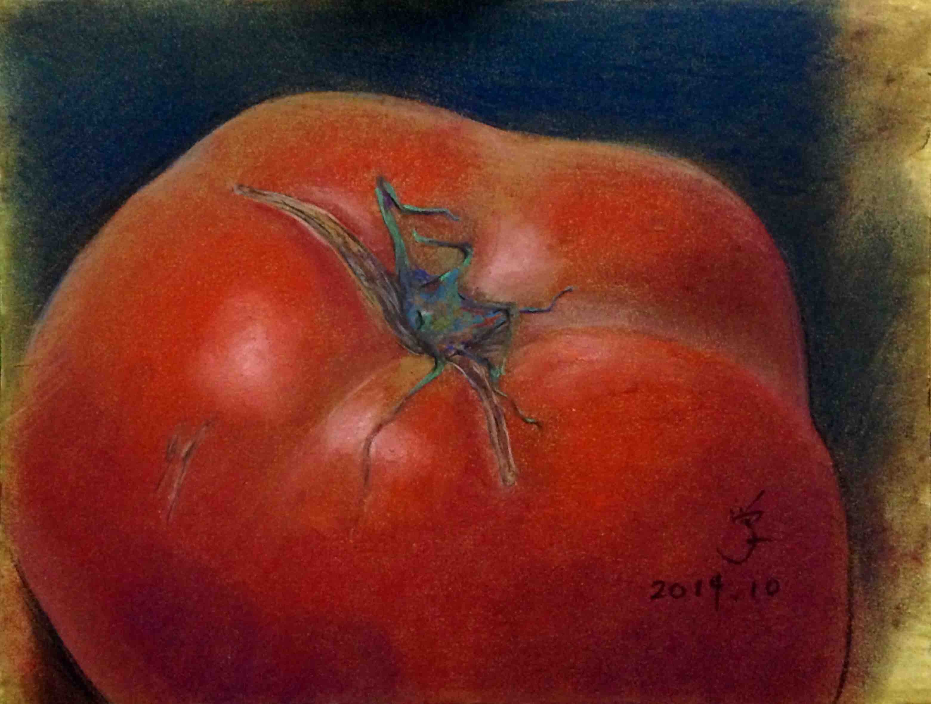 トマト 025」3回目 野菜をアップで描く パステル画の制作過程 水彩紙に