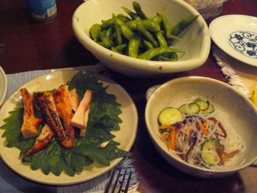 P1760519 (640x480)140703夕食　鶏肉の黒胡椒焼き、枝豆、きくらげと春雨の酢のもの.jpg