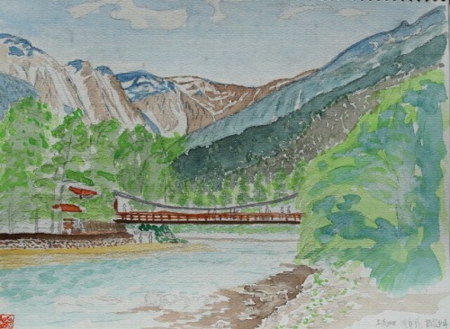 上高地河童橋春水彩画.jpg