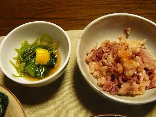 P1630031(640x480)夕食・三つ葉の煮浸しと鯨のスジポン.jpg