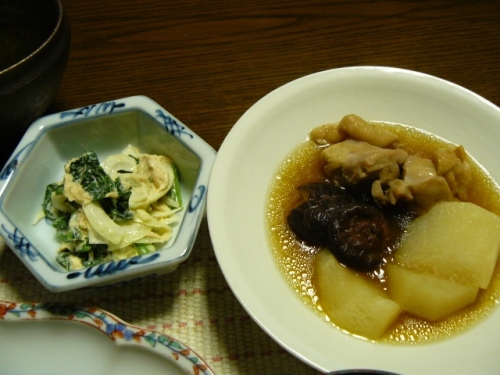 P1720332 (640x480)140113夕食　小松菜と玉葱のマヨネーズ和えと蕪とシイタケ、鶏肉の炊いたん.jpg