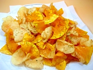 ポテトチップスとのコラボで超簡単かぼちゃチップス レシピ 作り方 ポテトチップスとのコラボで超簡単かぼちゃチップス レシピ 作り方