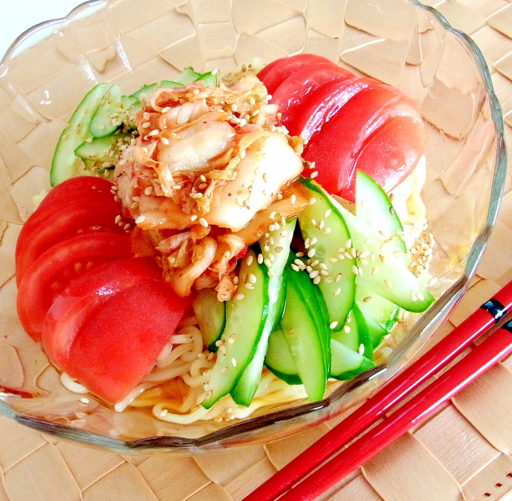 ゴーヤとキムチのパスタ冷やし中華