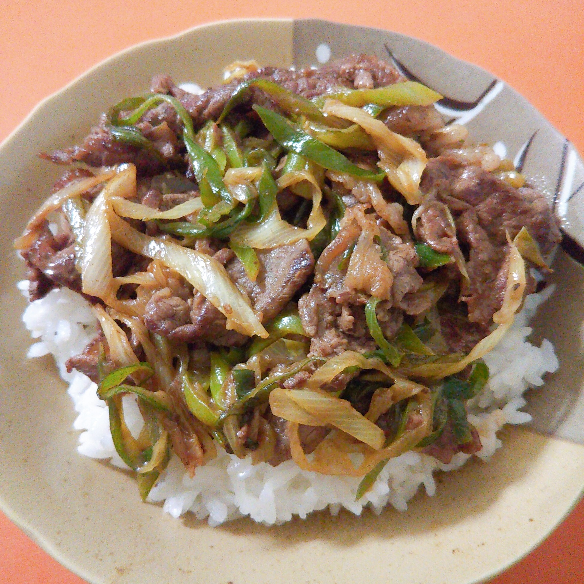 皿に盛り付けられたわさびじょうゆの焼き肉丼