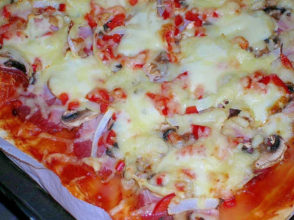 ハムとサラミ、玉ねぎやマッシュルーム入りのトマトソースピザ