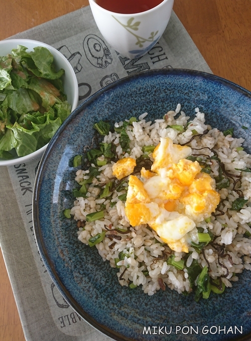 濃い青色の丸皿に盛られたアンチョビと菜の花の洋風混ぜごはん