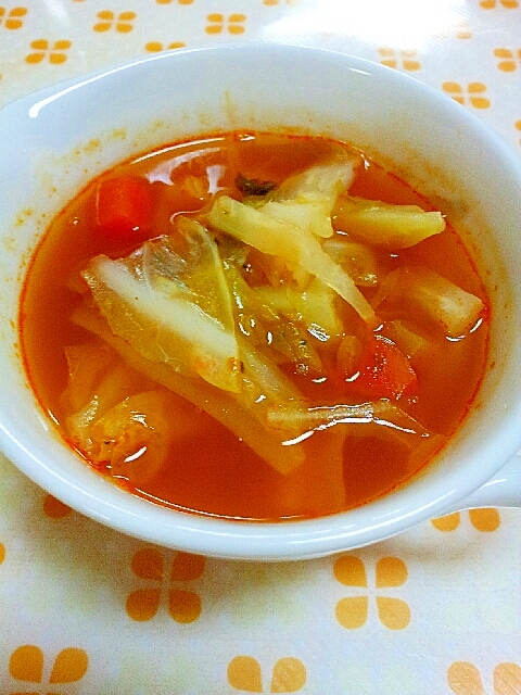 お皿に盛られた冬瓜とキャベツのトマトスープ