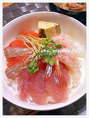 ご飯の上にのせるだけ 三種類の海鮮丼 レシピ 作り方 By Mane11 楽天レシピ