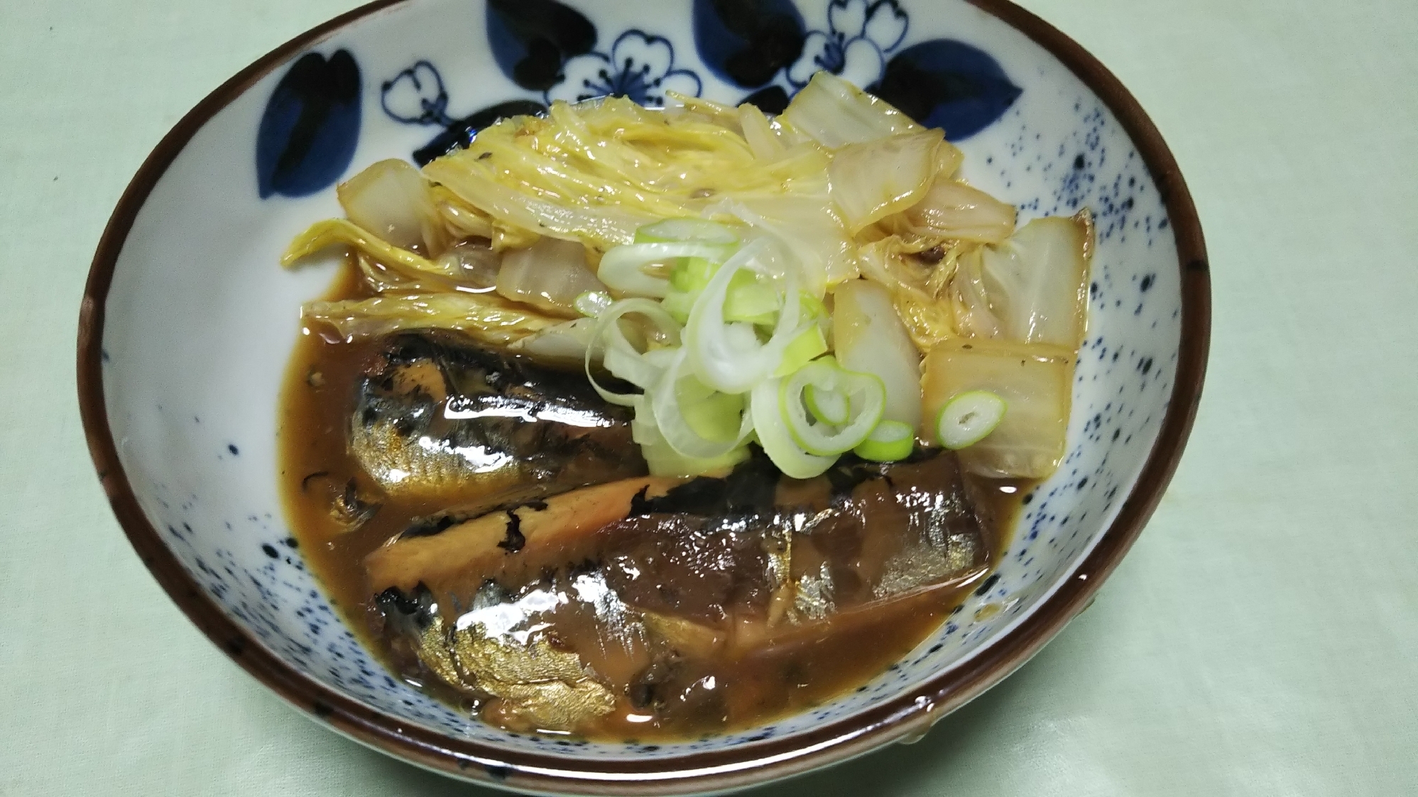 和食器に盛り付けられた、いわし缶と白菜の煮物