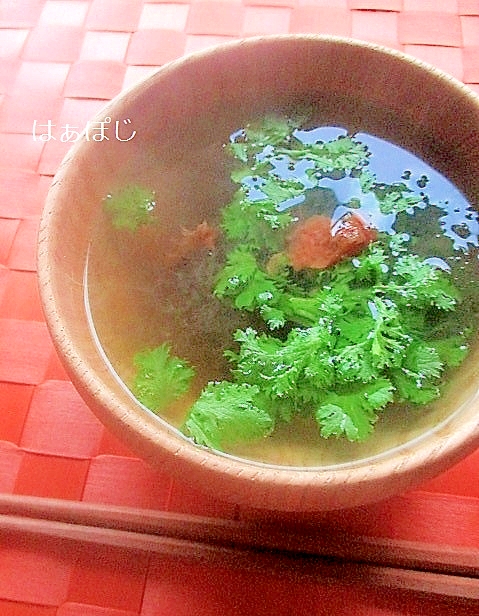 お椀に盛られたわさび菜のお吸い物