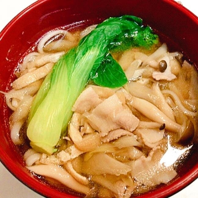 赤い皿にのったチンゲン菜としょうがの肉うどん