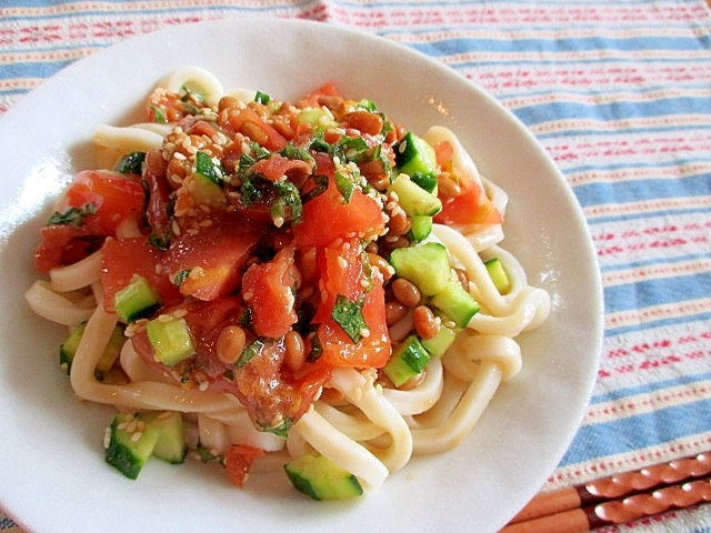 白い皿に盛られているトマトときゅうりの梅納豆うどん