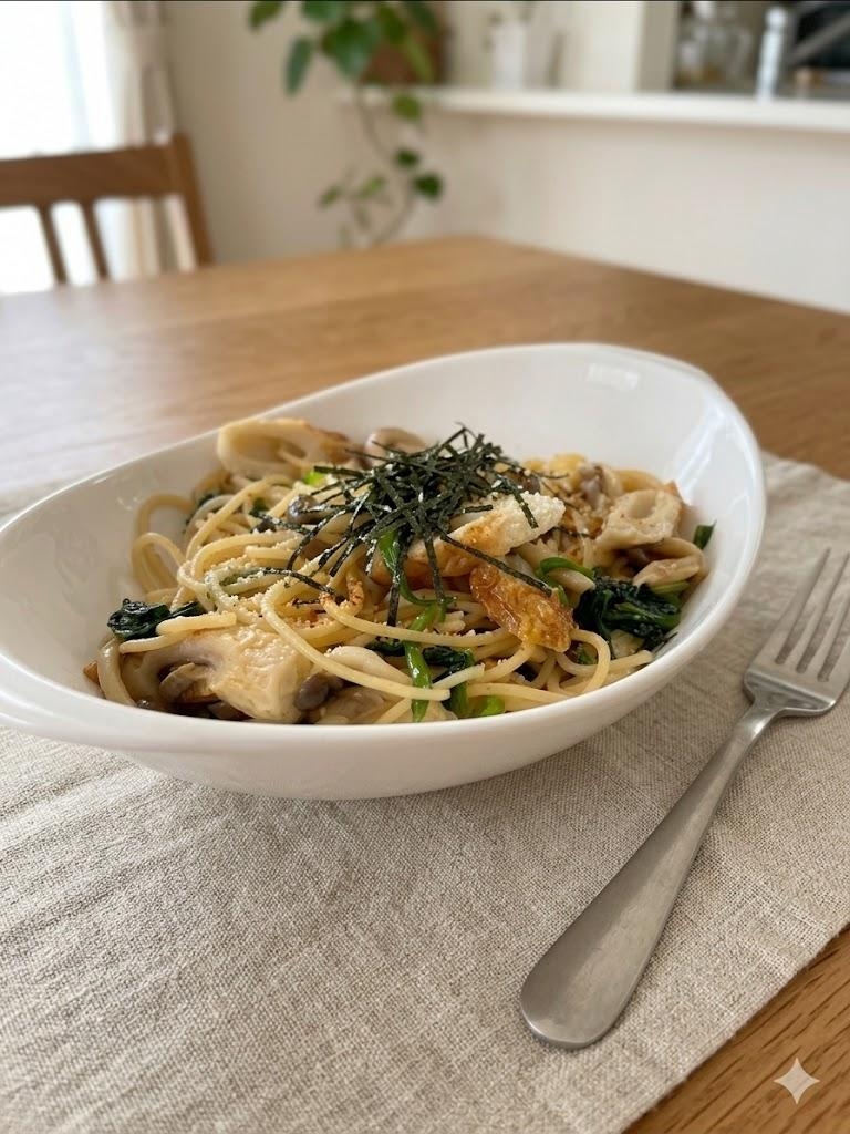 竹輪の力！ほうれん草としめじで彩り豊かな和油パスタ