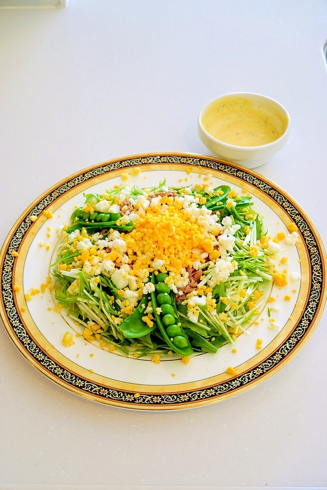 春爛漫！水菜のスナップエンドウとツナのミモザサラダ