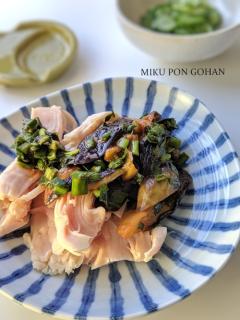 サラダチキン(茹で鶏)のなすニラソース