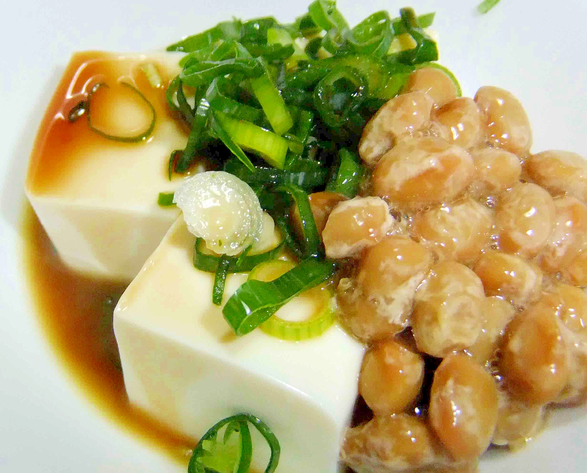 白い皿に盛りつけられた、納豆と刻みねぎトッピングの湯豆腐