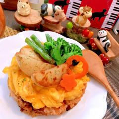 彩り野菜とトロトロ卵のケーキオムライス