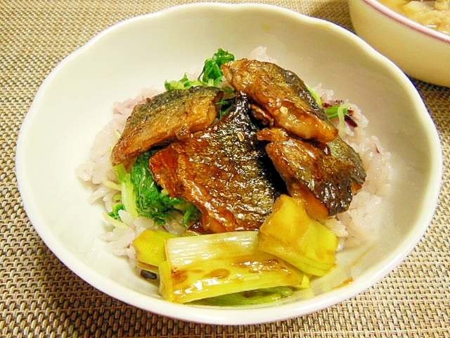 白い器に盛られたさんま缶の蒲焼き丼