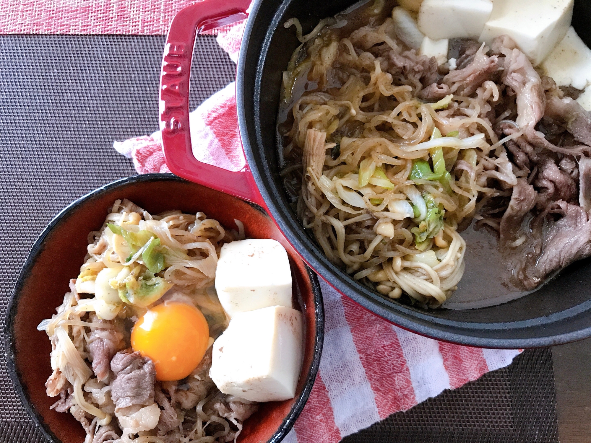 staubで無水すき焼き風煮物☆生卵かけ☆ストウブ