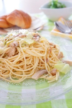 コストコチキンとキャベツのレモンクリームパスタ