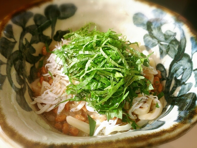 柄入りの器に盛られているしらす納豆うどん