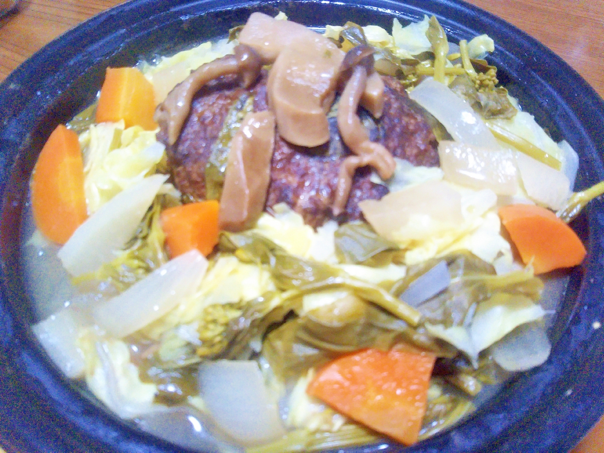 菜の花きのこハンバーグ大根キャベツ玉葱にんじん蒸し