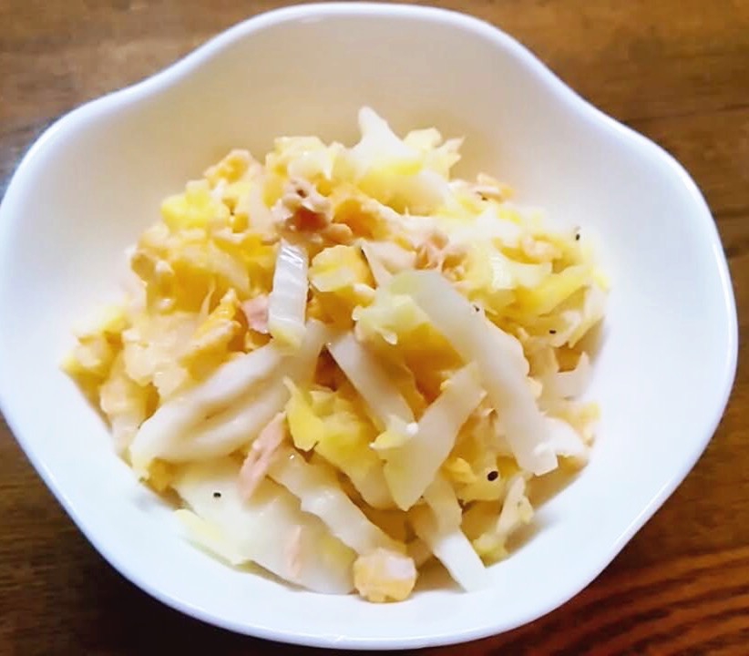 白い皿に盛られた白菜と炒り卵のツナサラダ