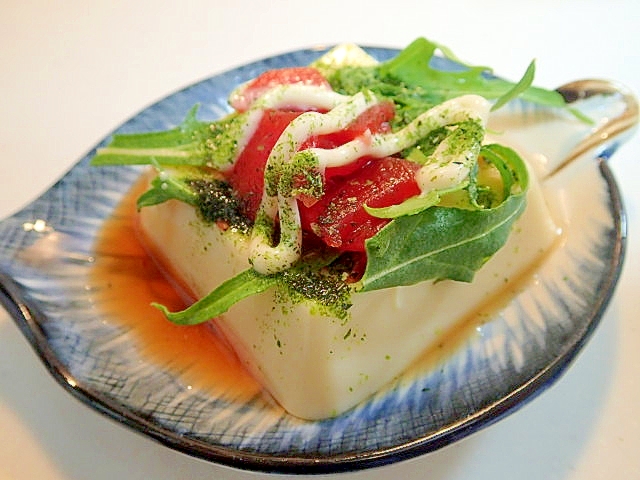 麺つゆ/マヨで　水菜と福神漬けとあおさの卵豆腐