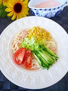 明太豆乳スープで☆サラダそうめん