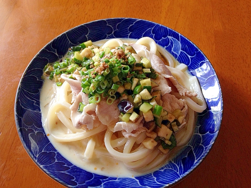 青い丸皿に盛り付けた豆乳と豚肉の柚子こしょううどん