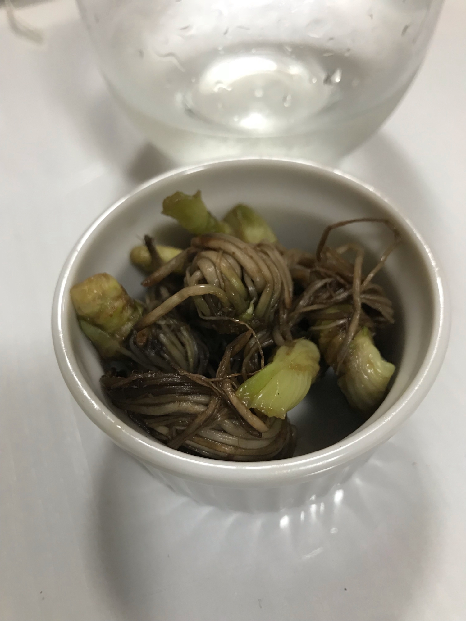 白色の器に盛られたせりの根っこのナムル