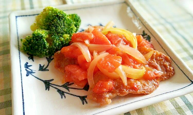 カリカリ豚肉とトマトのスイチリ焼き♪