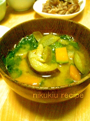 なす モロヘイヤ かぼちゃの味噌汁 レシピ 作り方 By Nikukiu 楽天レシピ